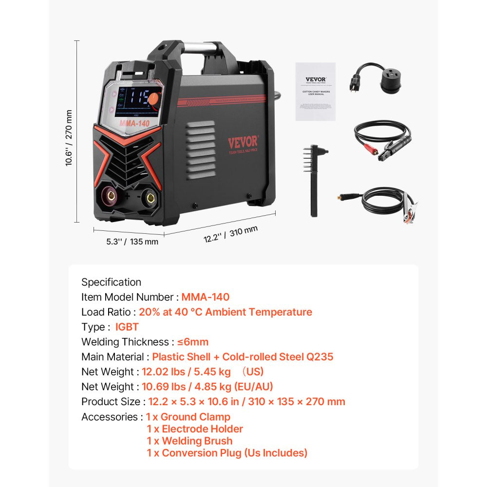 VEVOR MMA Welder, 140A 4-in-1 Welding Machine - MMA (Stick)/DC Pulse MMA/DC Pulse TIG/Lift TIG, 110 & 220V Dual Voltage Electric Welder with LED Display, Synergic Control, IGBT Inverter Hot Start