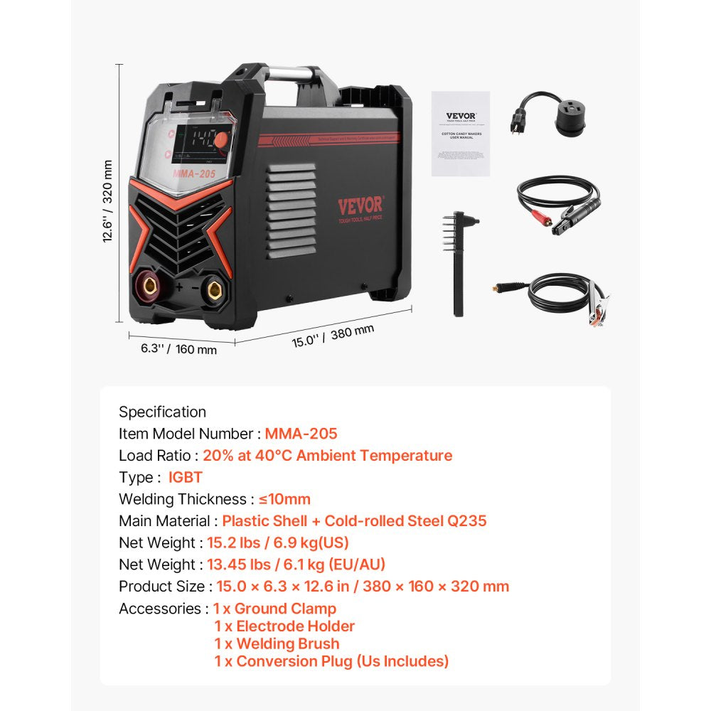 VEVOR MMA Welder, 205A 2-in-1 MMA Lift TIG Stick Welding Machine, 110/220V Dual Voltage IGBT Inverter Welder Machine with Digital Display, Hot Start Arc Force Anti-Stick (Lift Torch Not Included)