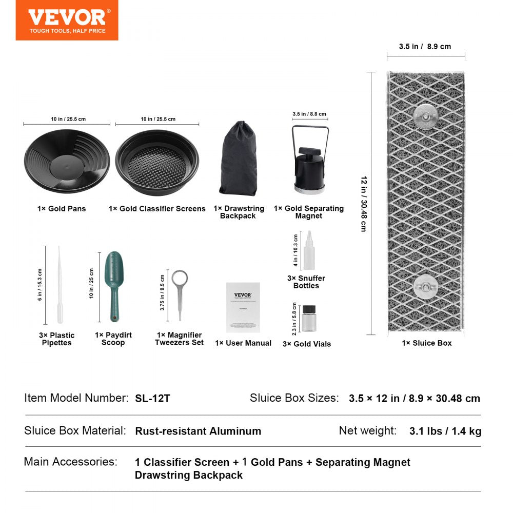 VEVOR Mini Sluice Box Gold Panning Kit, 12inch Aluminum Alloy Gold Mining Equipment, 16 PCS Gold Prospecting Kit with Gold Pan, Separating Magnet, Classifier Screen, Drawstring Backpack and More