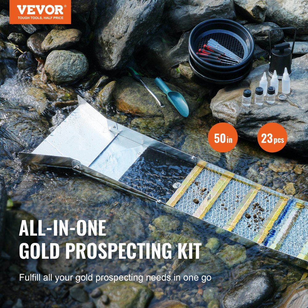 VEVOR Folding Sluice Box Gold Panning Kit,  50 Inch 23pc Gold Prospecting Equipment Kit with Gold Pan, Classifier Screen, Separating Magnet, Backpack and More
