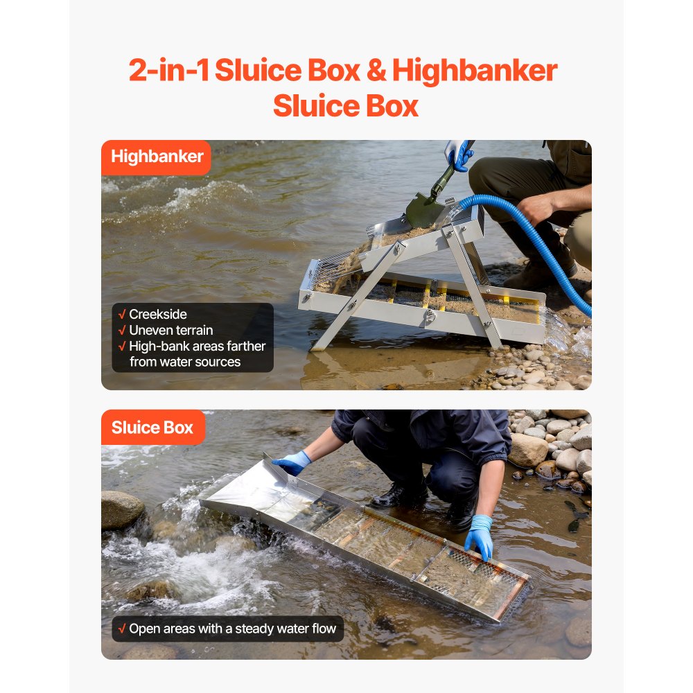 VEVOR High Banker Gold Sluice, 50" 2-in-1 Folding Highbanker Sluice Box, Aluminum Alloy, Portable Mining Equipment with Drawstring Backpack and Gloves, for Gold Prospecting in Creek, High Bank, River