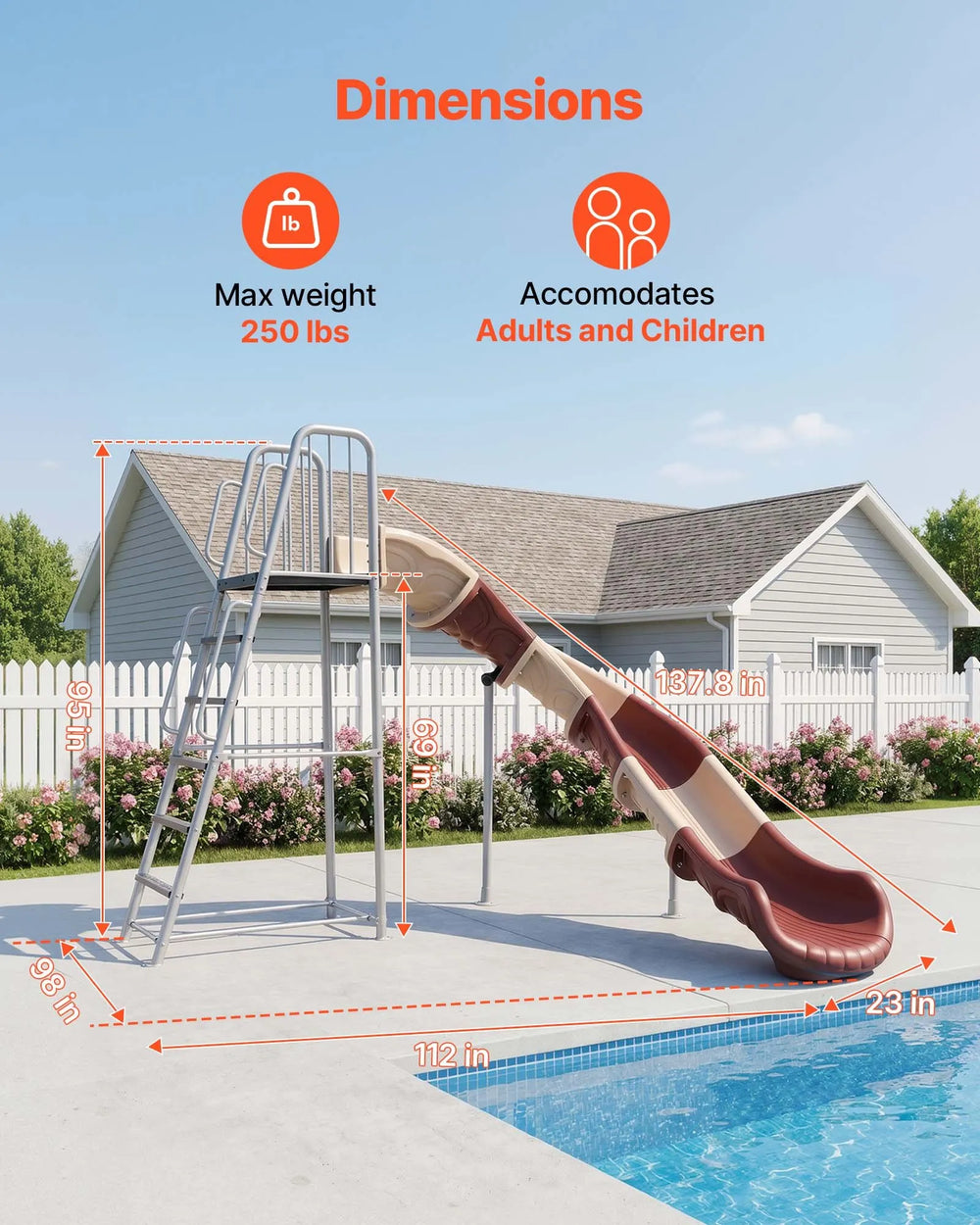 VEVOR Water Slide, Big 10 ft Outdoor Waterslide with Built in Adjustable Sprinkler and Ladder, Free Standing Pool Slide, Metal & Plastic Playground Equipment, Platform for Backyard Fun Activities