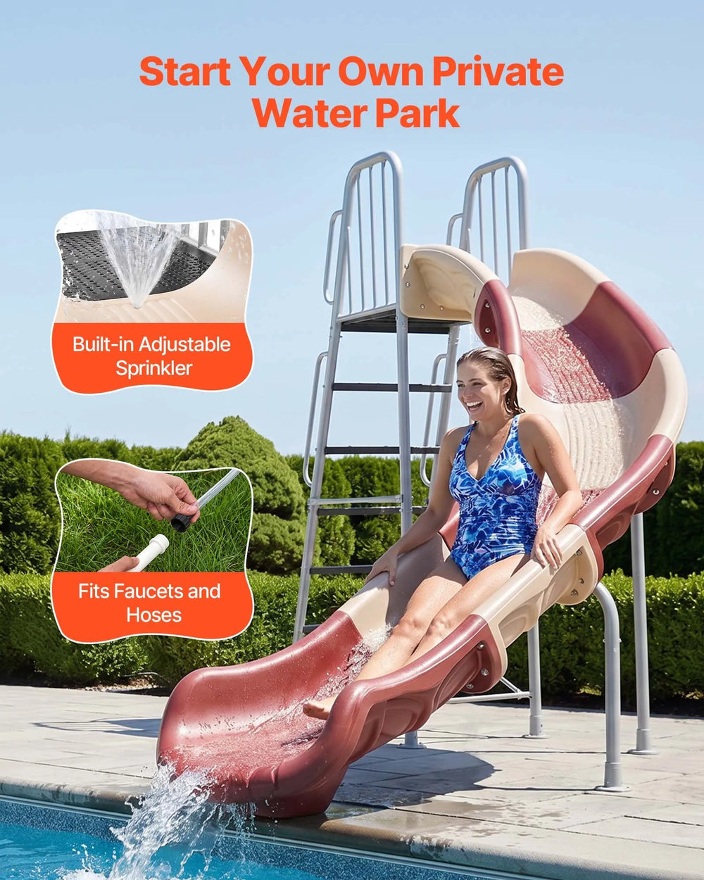 VEVOR Water Slide, Big 10 ft Outdoor Waterslide with Built in Adjustable Sprinkler and Ladder, Free Standing Pool Slide, Metal & Plastic Playground Equipment, Platform for Backyard Fun Activities