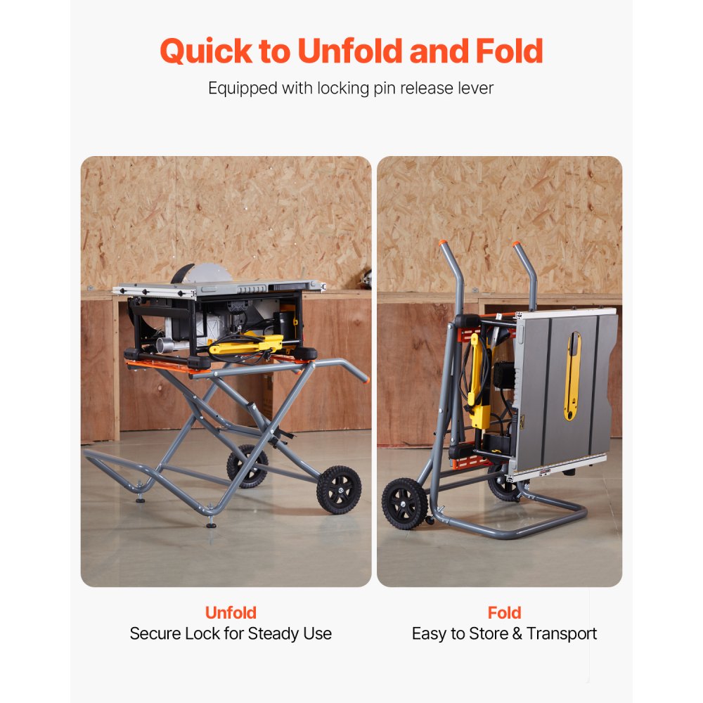 VEVOR Portable Table Saw Stand, 350 lbs Load Capacity, Rolling Foldable Table Saw Table with 8 Inches Rubber Wheels, Heavy Duty Construction, Easy Storage, Universal for Most Brands of Table Saws