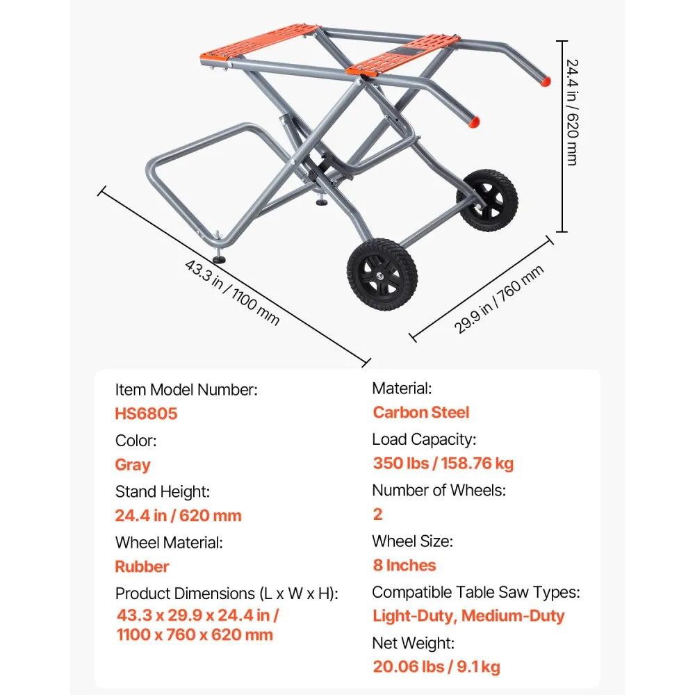 VEVOR Portable Table Saw Stand, 350 lbs Load Capacity, Rolling Foldable Table Saw Table with 8 Inches Rubber Wheels, Heavy Duty Construction, Easy Storage, Universal for Most Brands of Table Saws