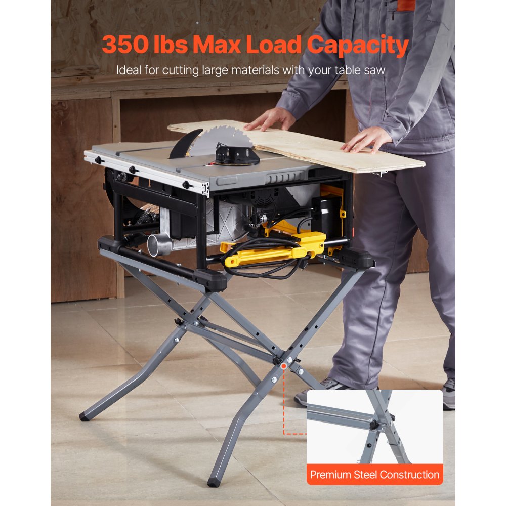 VEVOR Table Saw Folding Stand, 350 lbs / 158.76 kg Load Capacity, Portable Compact Table Saw Stand, Heavy Duty Construction, Easy Storage, Foldable Design, Universal for Most Brands of Table Saws
