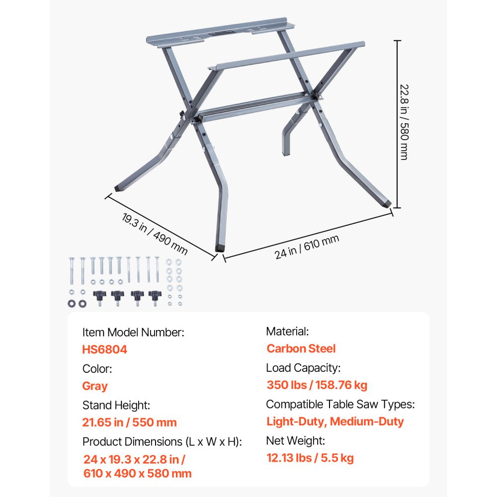 VEVOR Table Saw Folding Stand, 350 lbs / 158.76 kg Load Capacity, Portable Compact Table Saw Stand, Heavy Duty Construction, Easy Storage, Foldable Design, Universal for Most Brands of Table Saws