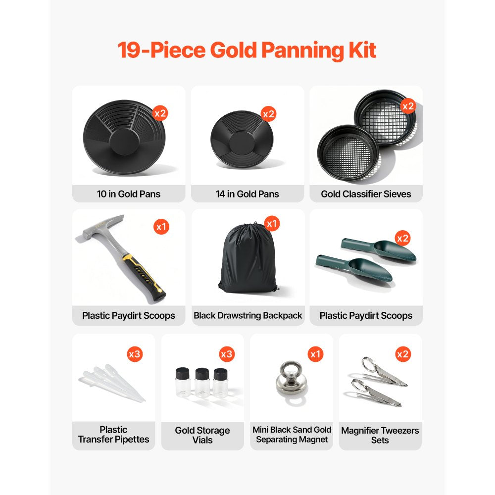VEVOR Gold Panning Kit, 10 in and 14 in Pans, 19 PCS Portable Prospecting Equipment Kit with Classifier Sieves, Sand Magnet, Rock Pick, Scoops, Backpack, and Accessories, for Outdoor Gold Recovery