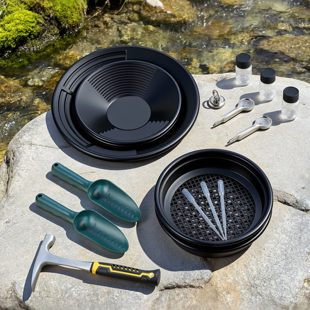 VEVOR Gold Panning Kit, 10 in and 14 in Pans, 19 PCS Portable Prospecting Equipment Kit with Classifier Sieves, Sand Magnet, Rock Pick, Scoops, Backpack, and Accessories, for Outdoor Gold Recovery
