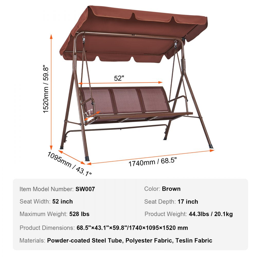 VEVOR 3-Seat Patio Swing Chair, Outdoor Patio Swing with Adjustable Canopy, Porch Swing with Armrests, Teslin Fabric and Alloy Steel Frame, for Balcony, Backyard, Patio, Garden, Poolside, Brown