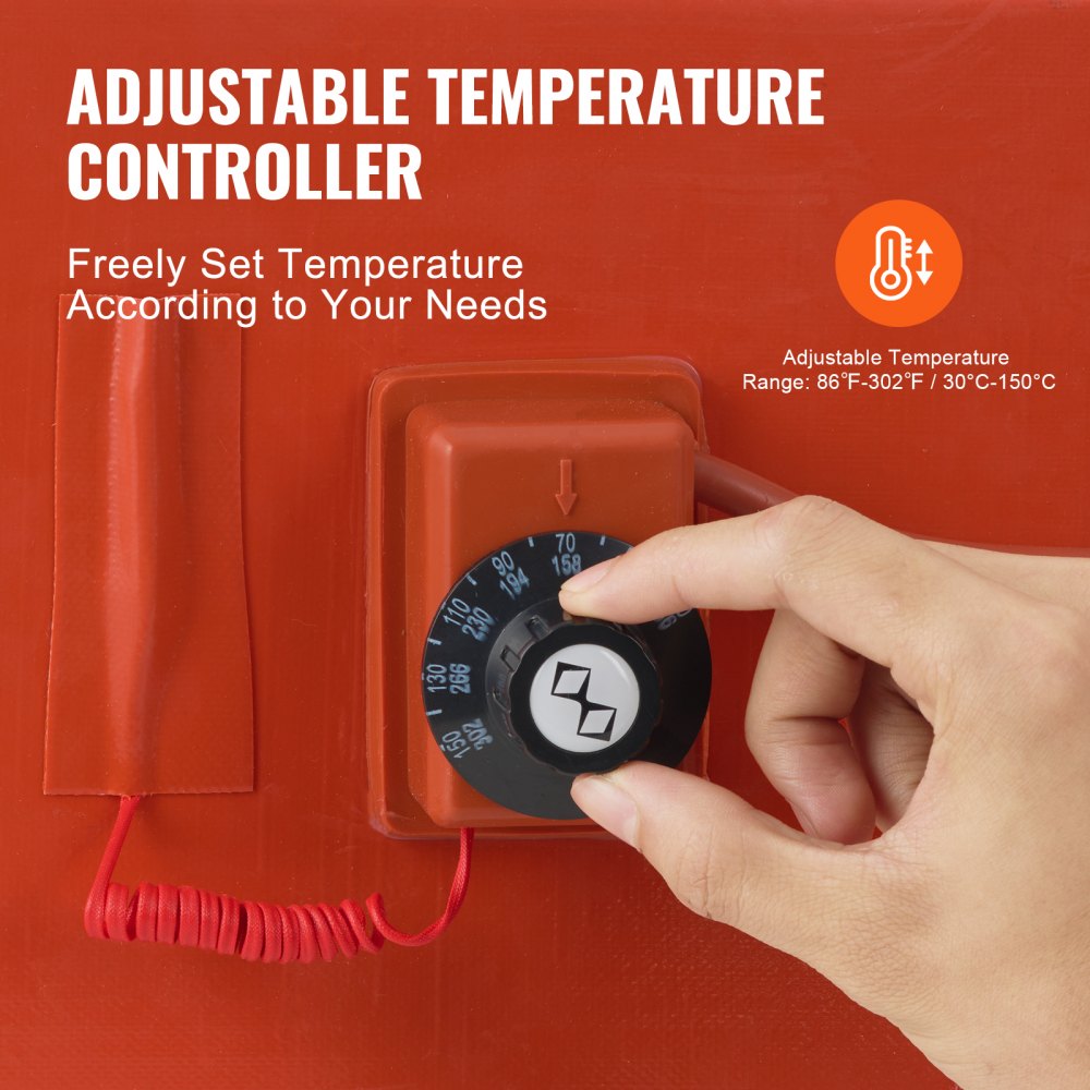VEVOR Metal Drum Heater, 1200 Watt 10 inch Width, Pail Heating Band for 55 Gallon Barrel, 86-302℉ Adjustable Thermostat, High Efficiency Silicone Grease Keg Heater, FCC Listed Orange