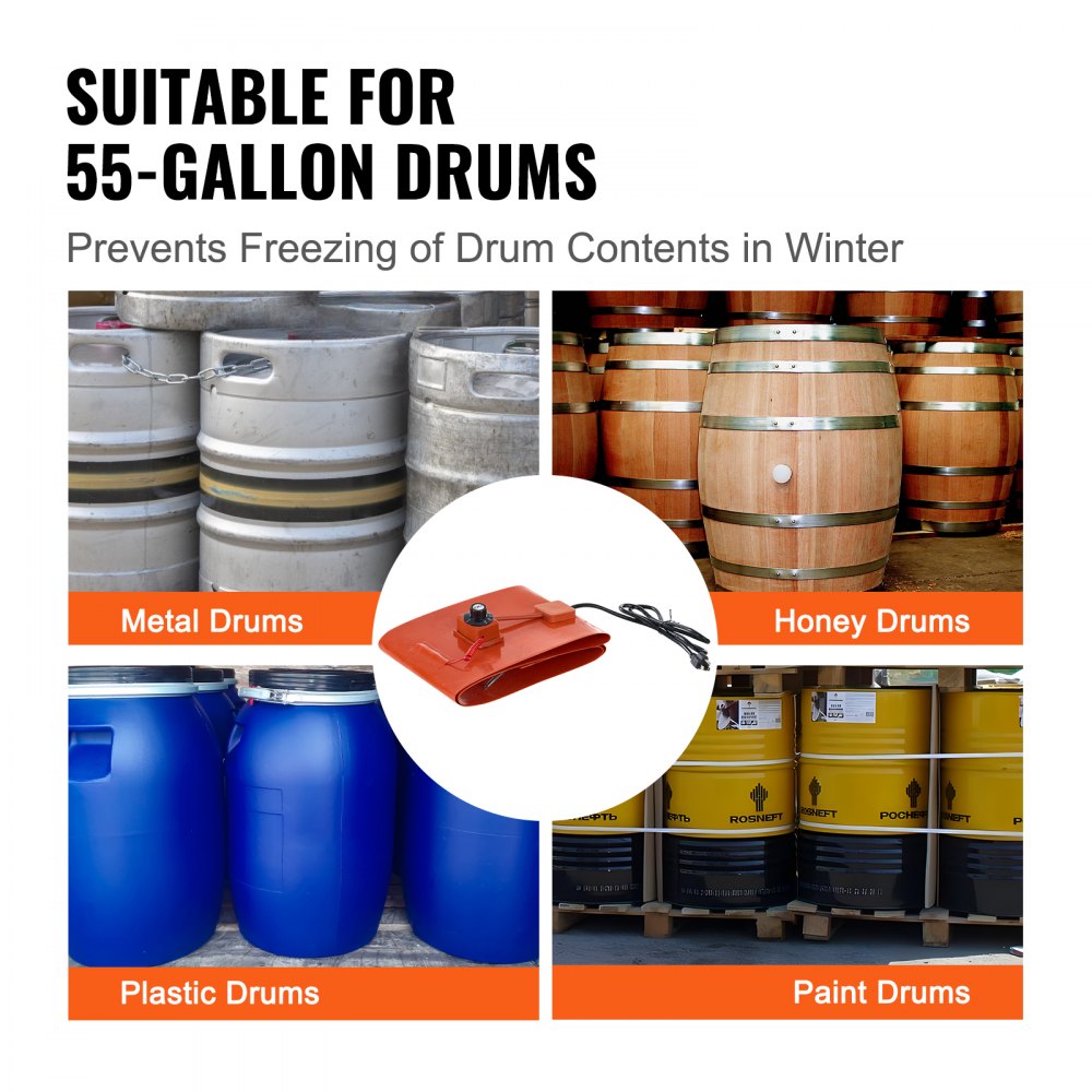 VEVOR Metal Drum Heater, 1200 Watt 10 inch Width, Pail Heating Band for 55 Gallon Barrel, 86-302℉ Adjustable Thermostat, High Efficiency Silicone Grease Keg Heater, FCC Listed Orange