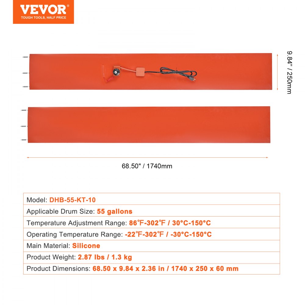 VEVOR Metal Drum Heater, 1200 Watt 10 inch Width, Pail Heating Band for 55 Gallon Barrel, 86-302℉ Adjustable Thermostat, High Efficiency Silicone Grease Keg Heater, FCC Listed Orange