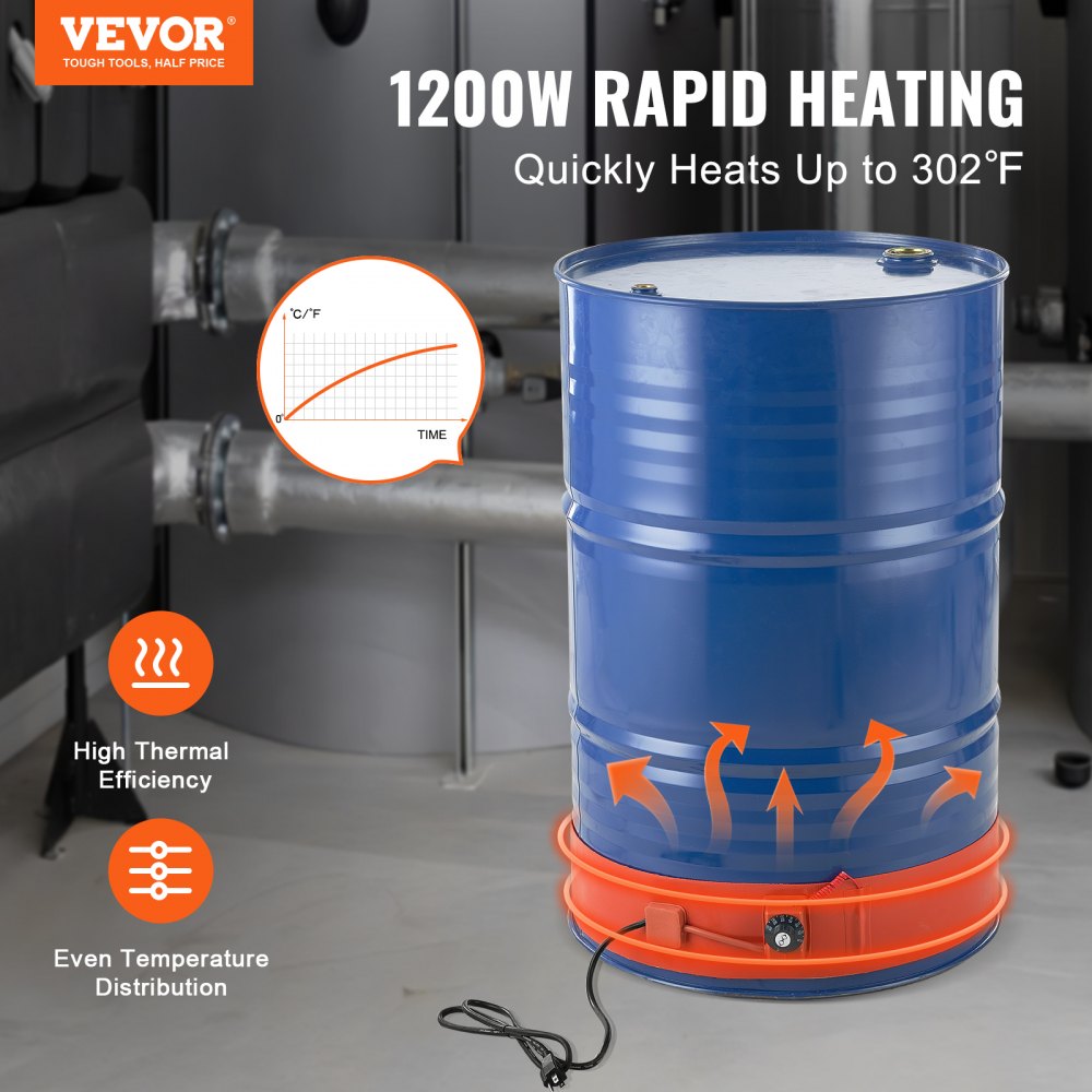 VEVOR Metal Drum Heater, 1200 Watt 5 inch Width, Pail Heating Band for 55 Gallon Barrel, 86-302℉ Adjustable Thermostat, High Efficiency Silicone Grease Keg Heater, FCC Listed Orange