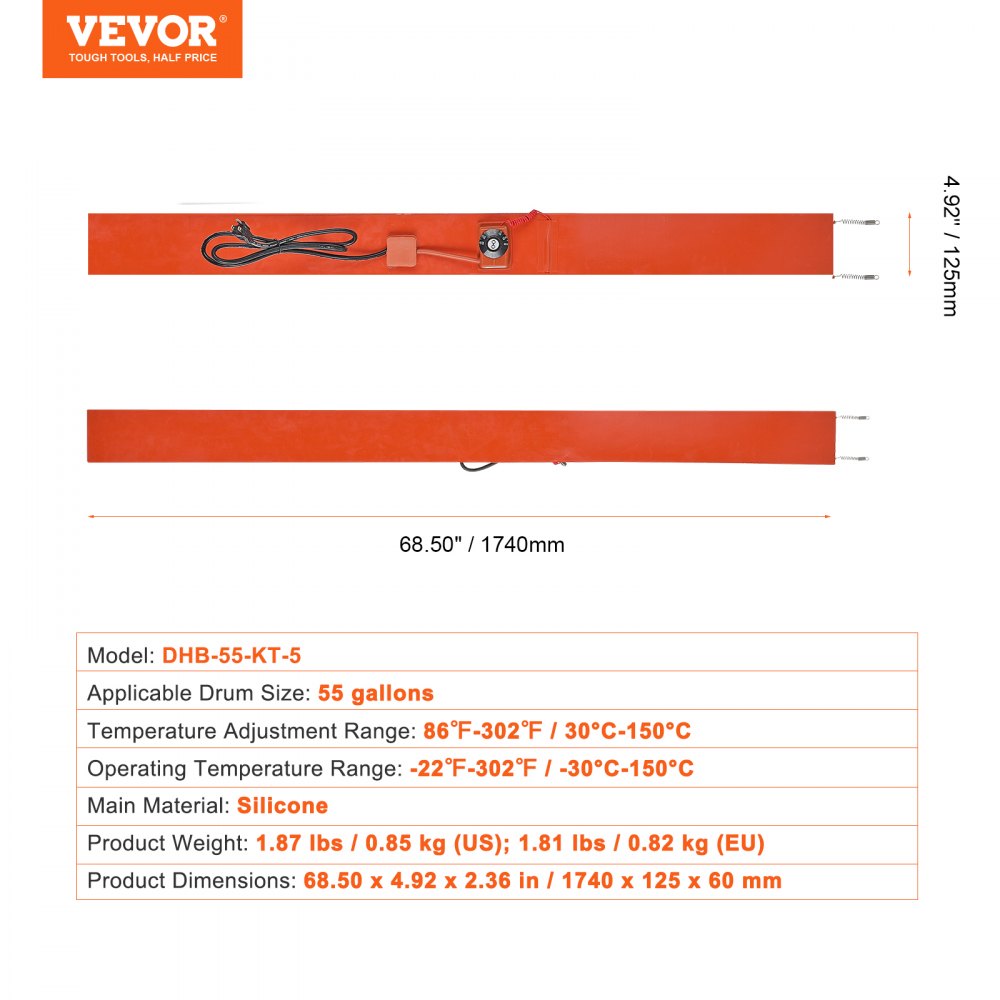 VEVOR Metal Drum Heater, 1200 Watt 5 inch Width, Pail Heating Band for 55 Gallon Barrel, 86-302℉ Adjustable Thermostat, High Efficiency Silicone Grease Keg Heater, FCC Listed Orange