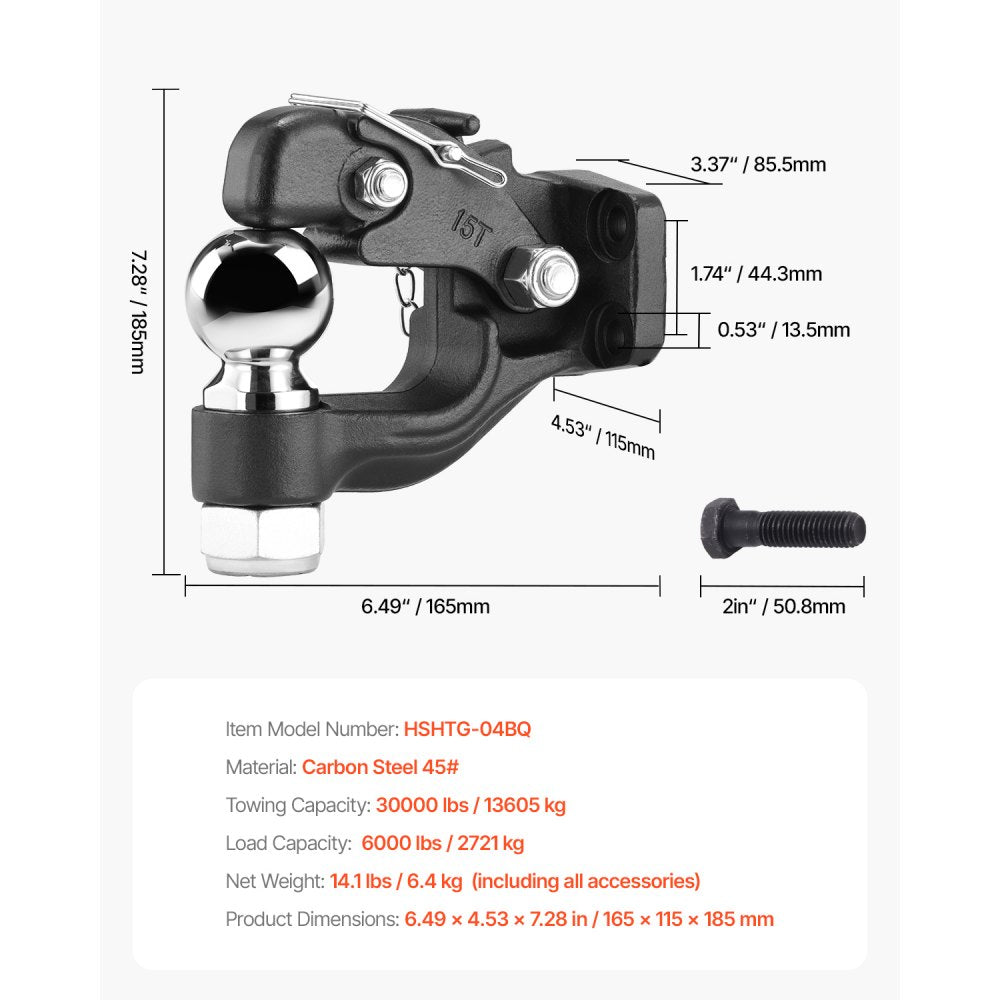 VEVOR Pintle Hook, 30000 lbs Towing Capacity, Trailer Hitches Receiver Hook Combination 2-5/16-inch Hitch Ball, Fits 2.5 to 3-inch Lunette Ring with Mounting Kit, Wear-resistant, Black Powder Coat