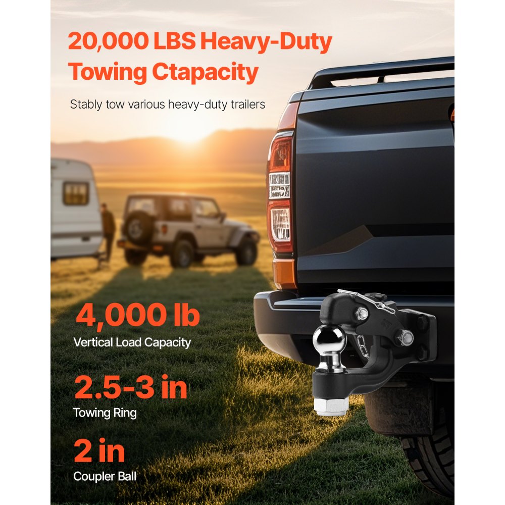 VEVOR Pintle Hook, 20000 lbs Towing Capacity, Trailer Hitches Receiver Hook Combination 2-inch Hitch Ball, Fits for 2.5 to 3-inch Lunette Ring with Mounting Kit, Wear-resistant, Black Powder Coat