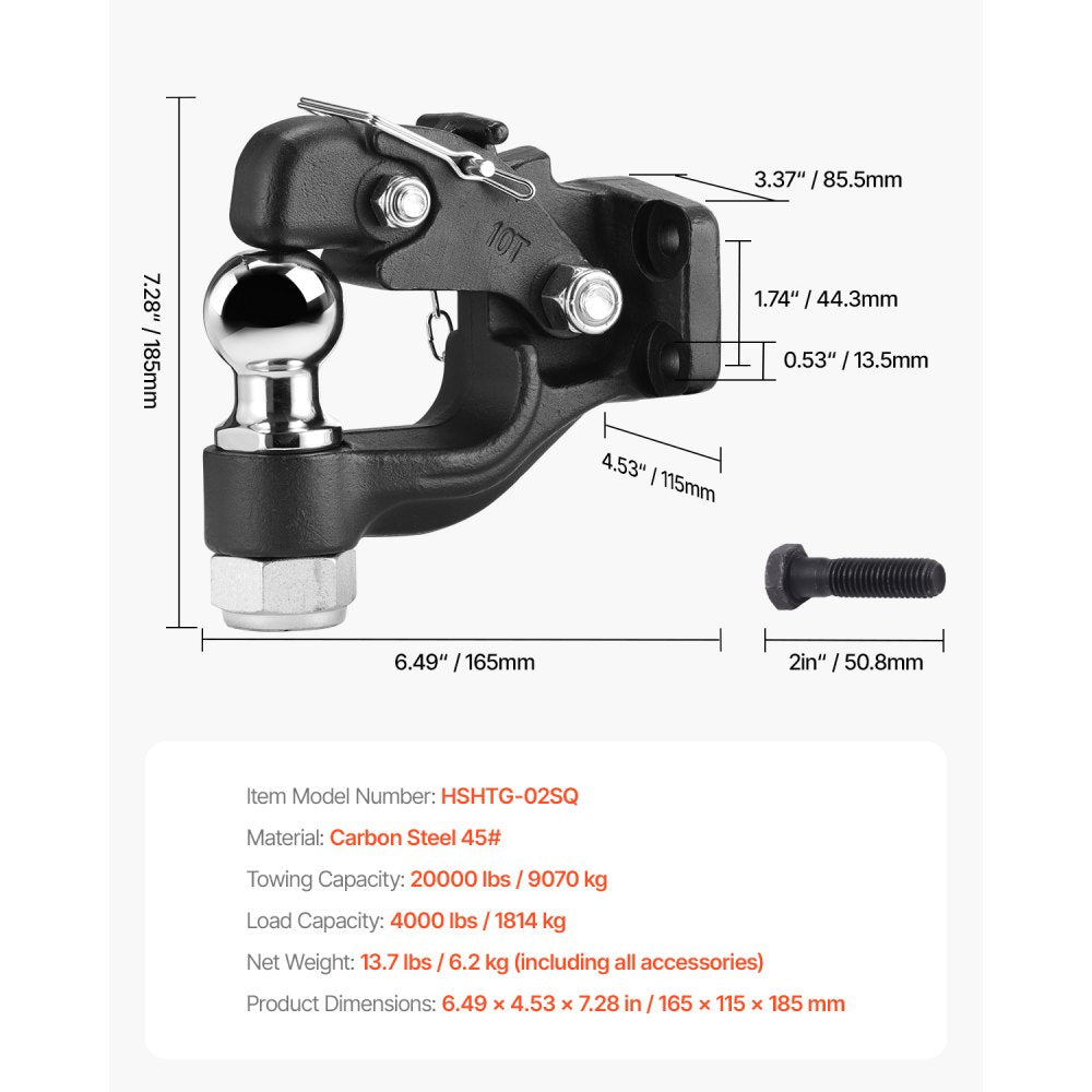 VEVOR Pintle Hook, 20000 lbs Towing Capacity, Trailer Hitches Receiver Hook Combination 2-inch Hitch Ball, Fits for 2.5 to 3-inch Lunette Ring with Mounting Kit, Wear-resistant, Black Powder Coat