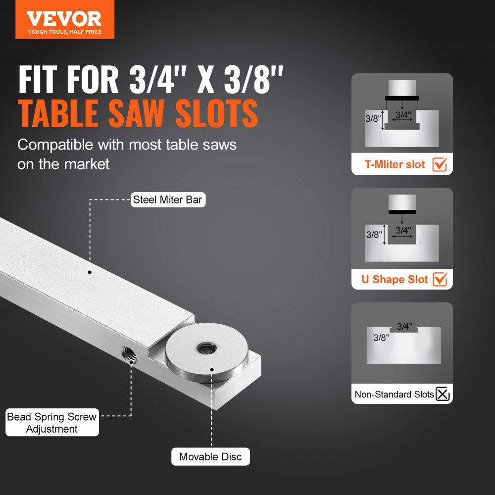 VEVOR Accurate Miter Gauge, Fits Slots 3/4'' x 3/8'', Crafted from Aluminum Alloy, Features 15 Adjustable Angle Stops, Spring-Loaded Plunger & Detachable Disc, Ideal for Woodwork & Table Saws