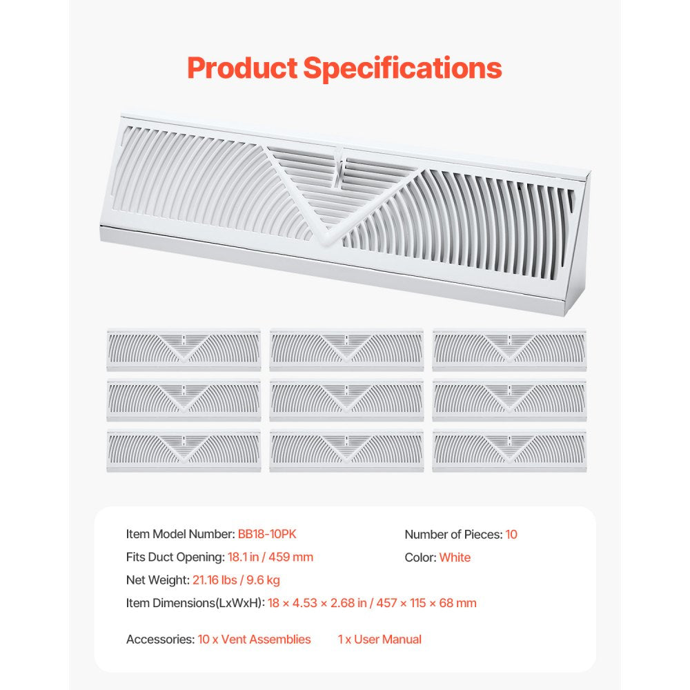 VEVOR 18-Inch Floor Registers, 10-Pack Baseboard Registers, HVAC Heavy-Duty Walkable Iron Floor Vents, Rustproof Anti-Peeling Air Vents Deflector Adjustable with Metal Damper for Home & Office, White