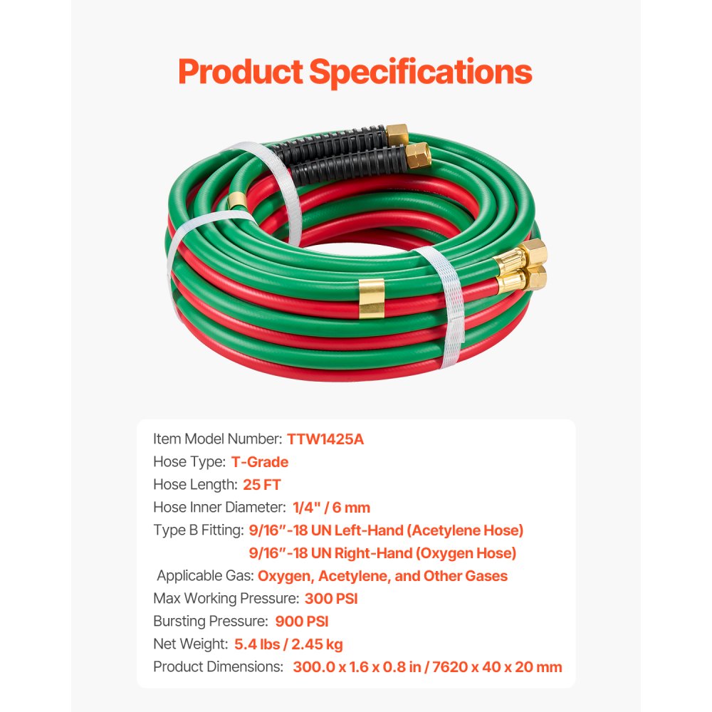 VEVOR Oxygen Acetylene Hose, 1/4-Inch x 25FT Oxy Acetylene Hose with 9/16"-18 B Fitting, 300PSI T Grade Welding Cutting Torch Twin Hose, Compatible with Oxygen, Acetylene, Propane and Other Fuel Gases