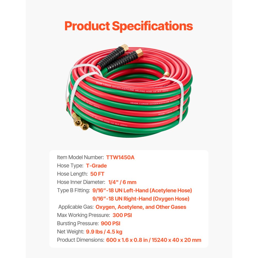 VEVOR Oxygen Acetylene Hose, 1/4-Inch x 50FT Oxy Acetylene Hose with 9/16"-18 B Fitting, 300PSI T Grade Welding Cutting Torch Twin Hose, Compatible with Oxygen, Acetylene, Propane and Other Fuel Gases