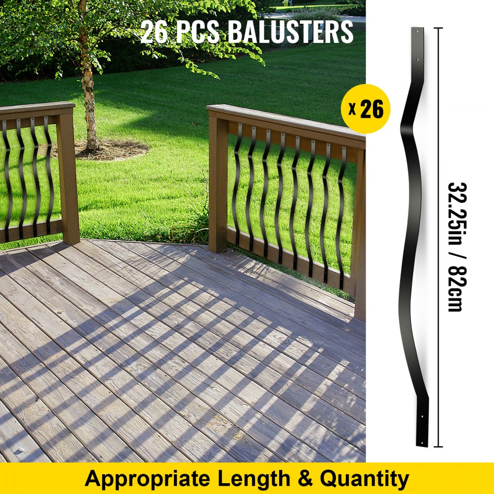VEVOR Deck Balusters, 26 Pack Metal Deck Spindles, 32.25\"x1\" Staircase Baluster with Screws, Iron Deck Railing for Wood and Composite Deck, Stylish Baluster for Outdoor Stair Deck Porch