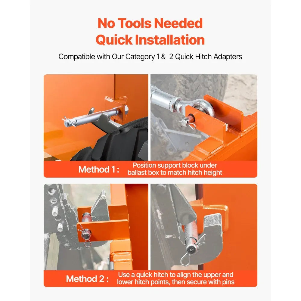 VEVOR Ballast Box, 3-Point Category 1 Tractor Ballast of 800 lbs Capacity, with Standard 2 Inch Hitch Receiver, Heavy-Duty Steel 5 ft³ Large Volume Durable Loader Attachment with Sliding Door, Orange