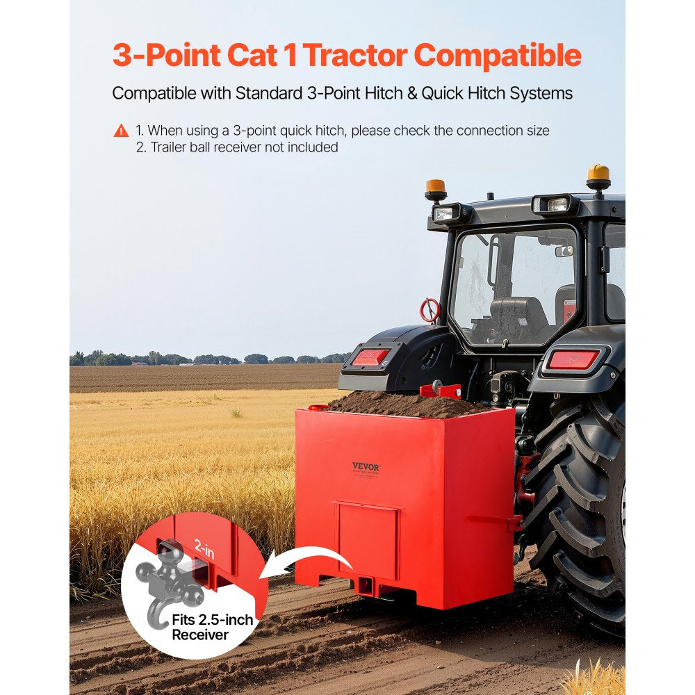 VEVOR Ballast Box, 3-Point Category 1 Tractor Ballast of 800 lbs Capacity, with Standard 2 Inch Hitch Receiver, Heavy-Duty Steel 5 ft³ Large Volume Durable Loader Attachment with Sliding Door, Red