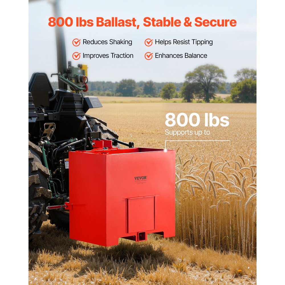 VEVOR Ballast Box, 3-Point Category 1 Tractor Ballast of 800 lbs Capacity, with Standard 2 Inch Hitch Receiver, Heavy-Duty Steel 5 ft³ Large Volume Durable Loader Attachment with Sliding Door, Red