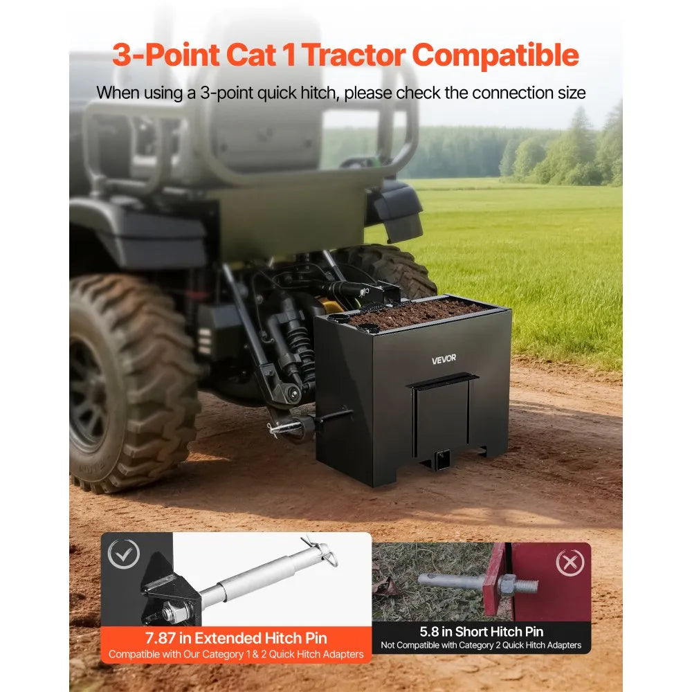 VEVOR Ballast Box, 3-Point Category 1 Tractor Ballast of 800 lbs Capacity, with Standard 2 Inch Hitch Receiver, Heavy-Duty Steel 3.2 ft³ Large Volume Durable Loader Attachment with Sliding Door, Black