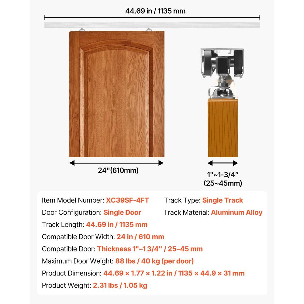 VEVOR Sliding Pocket Door Hardware Track Kit, 44.69" Pocket Door Track Kit with Soft Close Mechanism for Smooth and Quiet Sliding, Easy to Install, for 1" to 1 3/4" Thickness 24" Width Single Door