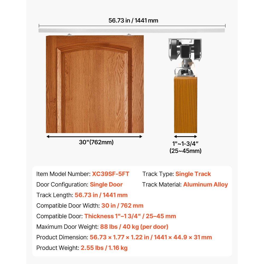 VEVOR Sliding Pocket Door Hardware Track Kit, 56.73" Pocket Door Track Kit with Soft Close Mechanism for Smooth and Quiet Sliding, Easy to Install, for 1" to 1 3/4" Thickness 30" Width Single Door