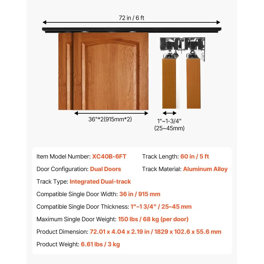 VEVOR Bypass Sliding Door Hardware Kit, 6 ft Aluminum Alloy Dual-Track Bypass Door Hardware, Smooth and Quiet Sliding, Easy to Install, for 1" to 1 3/4" Thickness 36" Width 2 Door System, for Closet
