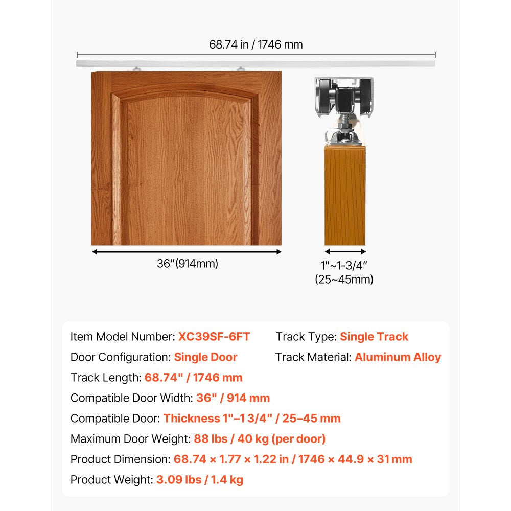 VEVOR Sliding Pocket Door Hardware Track Kit, 68.74" Pocket Door Track Kit with Soft Close Mechanism for Smooth and Quiet Sliding, Easy to Install, for 1" to 1 3/4" Thickness 36" Width Single Door