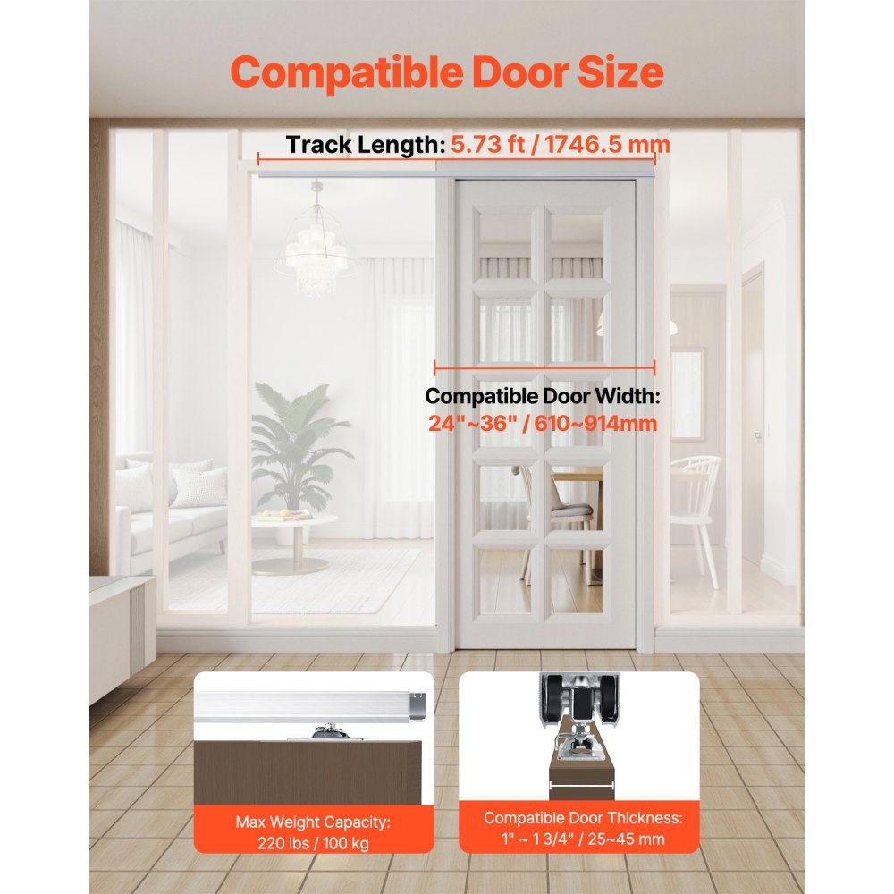 VEVOR Sliding Pocket Door Hardware Track Kit, 5.73 ft Heavy Duty Pocket Door Hardware Kit, Commercial Grade Pocket Door Hardware and Track Set for 24"-36" Wide Single Door, Smoothly and Easy to Install