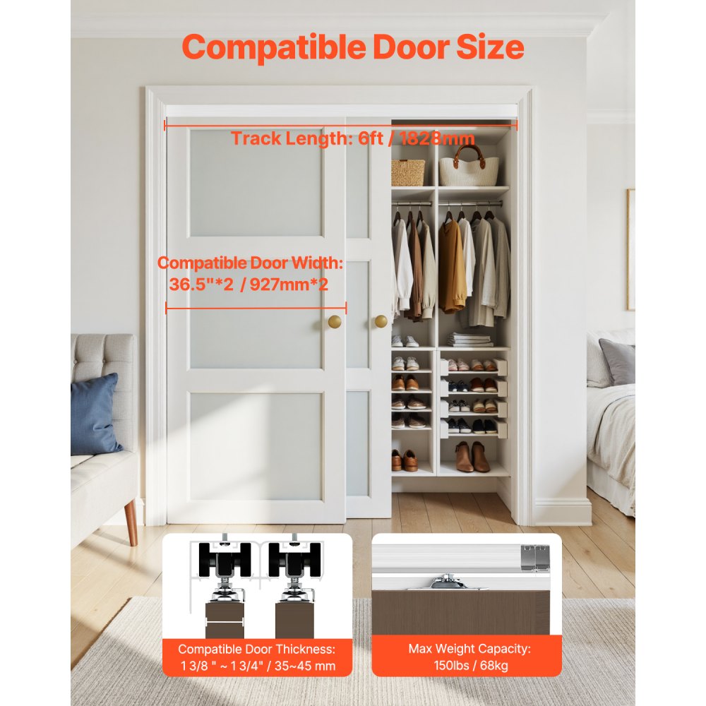 VEVOR Bypass Door Hardware, 6ft Heavy Duty Bypass Sliding Door Hardware Kit, Aluminum Alloy Sliding Closet Door Hardware Set for 2 Door System, Fit Door Thickness 1 3/8 " - 1 3/4", Easy to Install