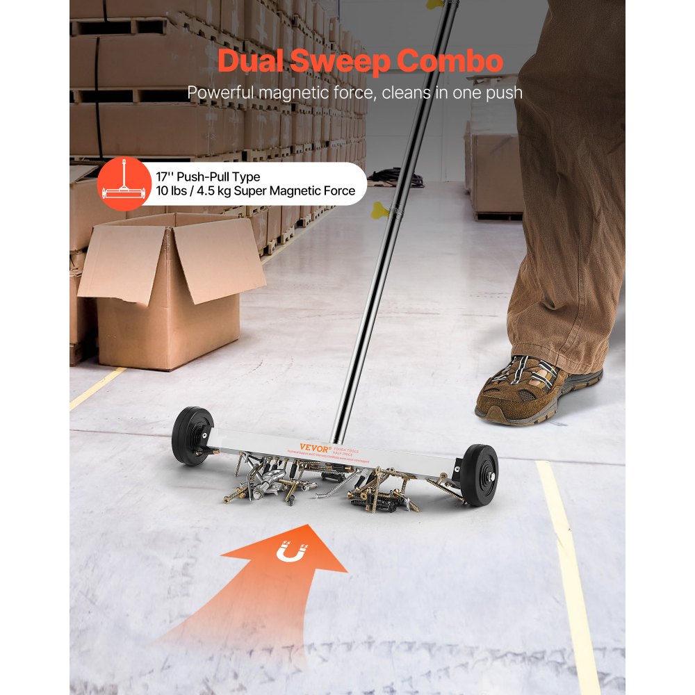 VEVOR Magnetic Sweeper with Wheels, 17 inch, 10 lbs Load Capacity, Lightweight Magnetic Pickup Sweeper with Adjustable Handle, Pick Up Nails and Screws, Easy Cleanup for Garages, Roofing Projects