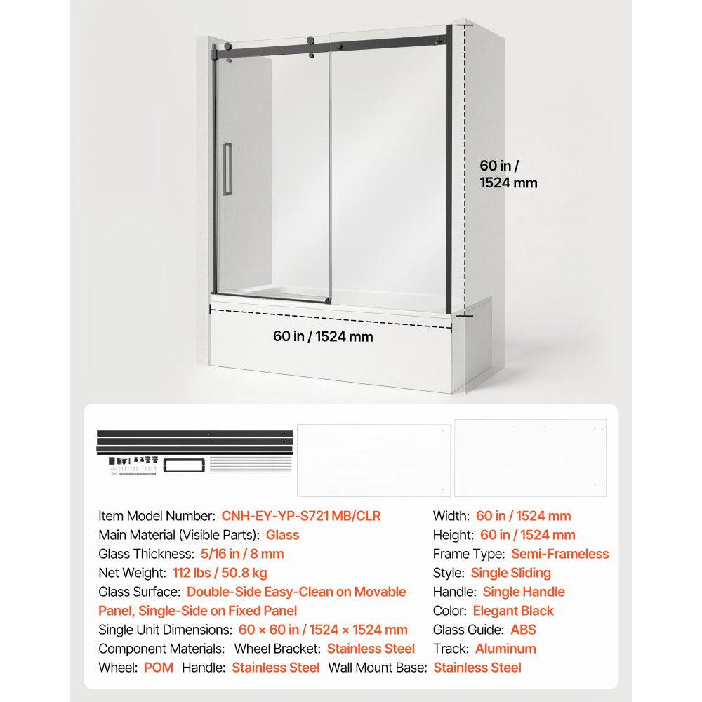 VEVOR Bathtub Shower Door 60" W x 60" H Semi-Frameless Sliding Door Black, 5/16" Thick Clear Tempered Glass, Sliding Tub Shower Door with 2 Stainless Steel Handles, Nano Coating, for Bathroom Tubs