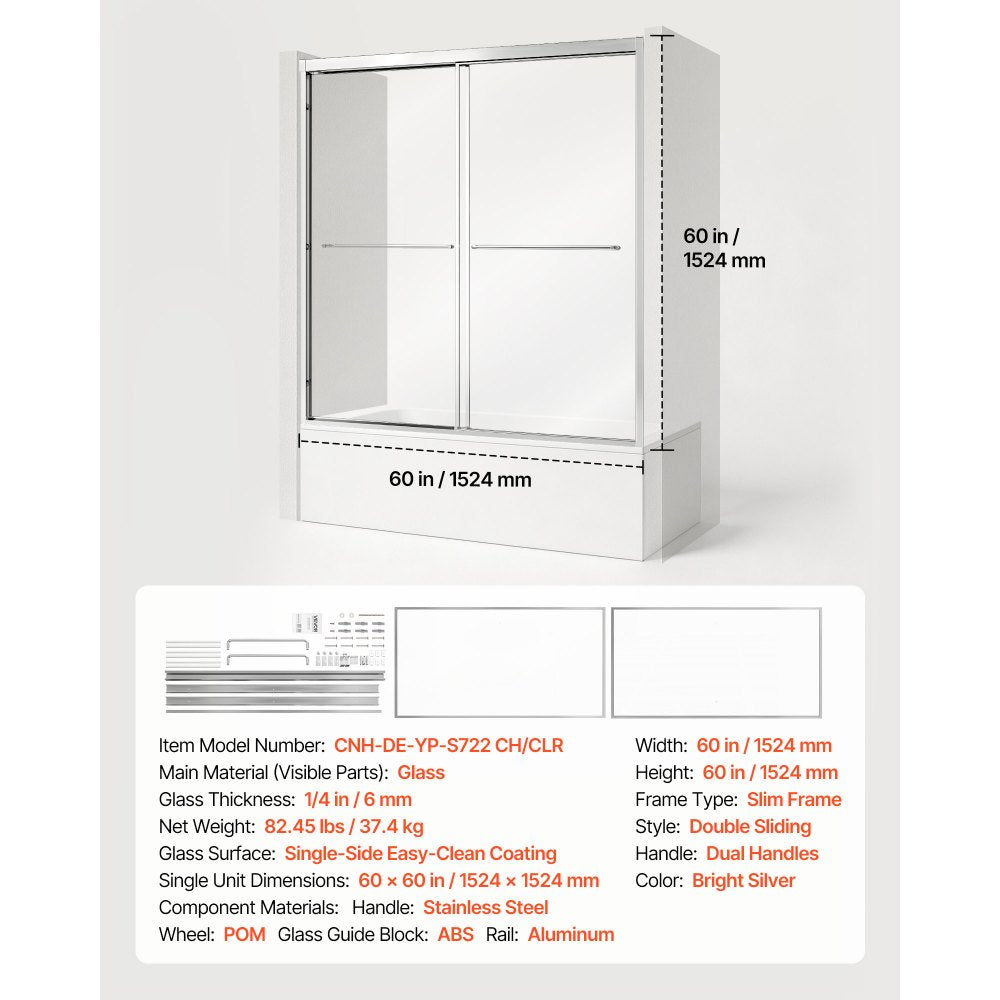 VEVOR Bathtub Shower Door 60" W x 60" H Semi-Frameless Bypass Sliding Doors, 1/4" Clear Tempered Glass, Aluminum Slim Frame, Double Sliding Tub Shower Doors with 2 Stainless Steel Handles, Silver