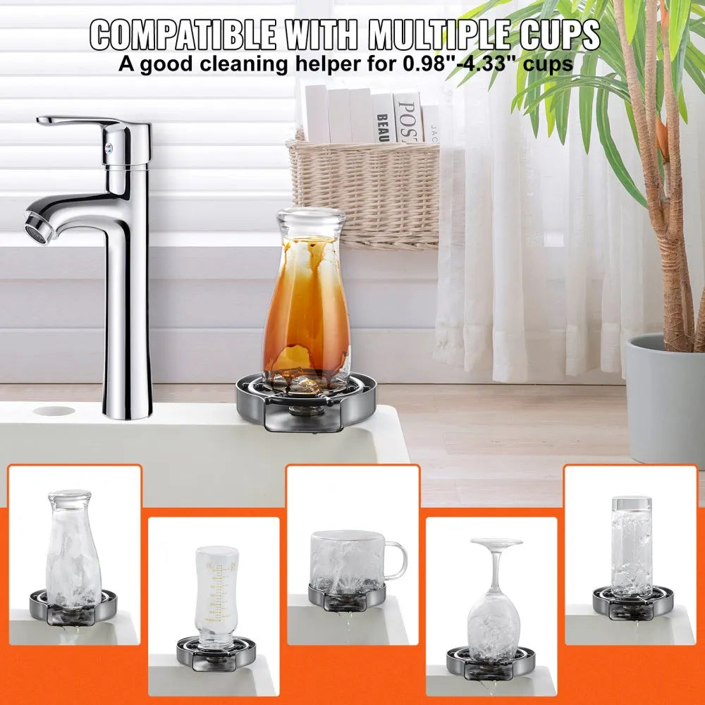 VEVOR Glass Rinser, 10 Powerful Spraying Jets 360° Rotating Cup Rinser for Sink, 304 Stainless Steel Faucet Cup Washer with ABS Cup Holder for Baby Bottle, Glass Cup, Wine Glass (Silver Grey Base)