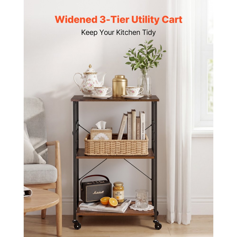 VEVOR Kitchen Utility Cart, 3 Tier 23.7 in Microwave Stand Coffee Cart, Heavy Duty Storage Rack, Service Trolley on Wheels, Industrial Rolling Work Table with 8 Hooks, for Mini Oven, Toaster, Vintage