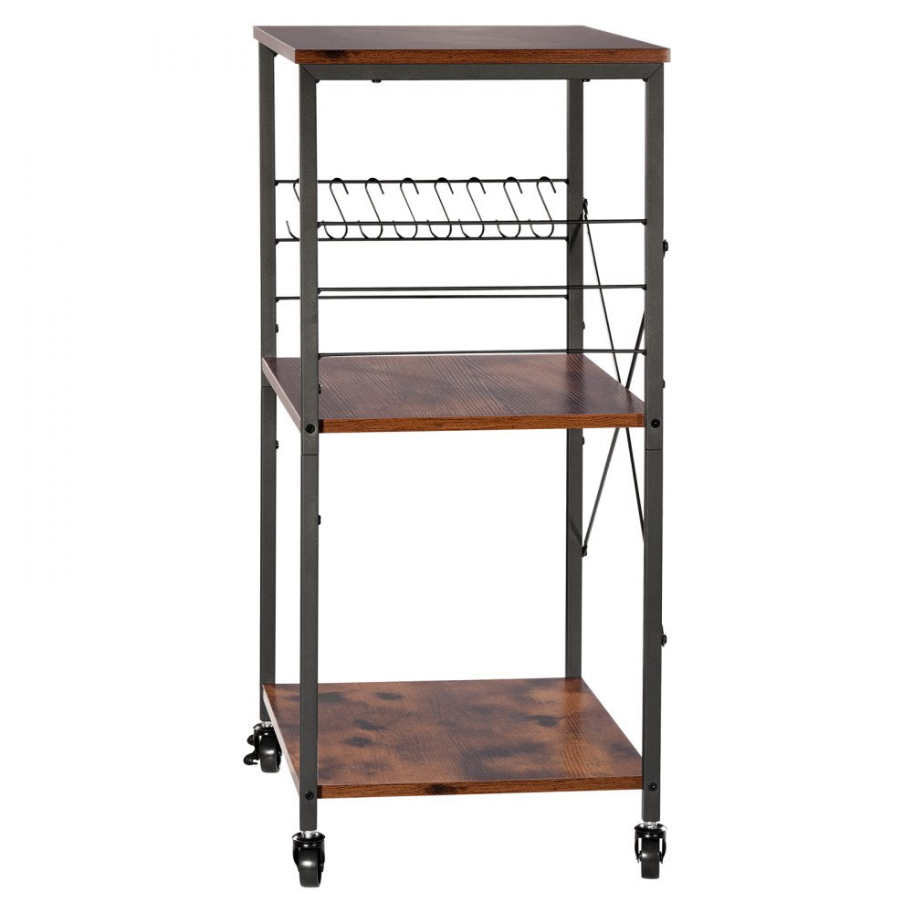 VEVOR Kitchen Utility Cart, 3 Tier 23.7 in Microwave Stand Coffee Cart, Heavy Duty Storage Rack, Service Trolley on Wheels, Industrial Rolling Work Table with 8 Hooks, for Mini Oven, Toaster, Vintage