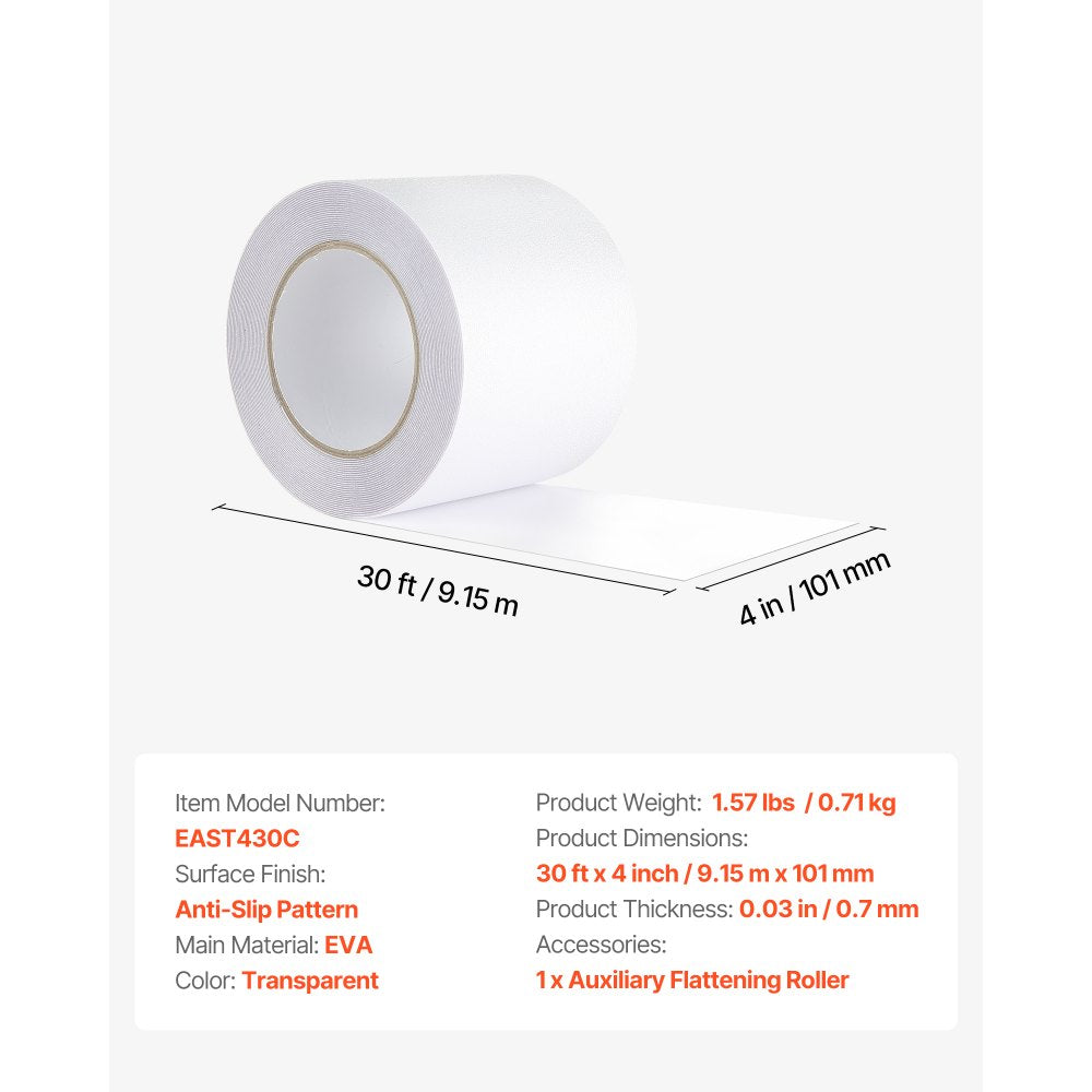 VEVOR Anti-Slip Tape, 30 FT x 4 inch Transparent Non-Slip Grip Tape for Indoor & Outdoor Use, Ultra-Clear Non Skid Traction Treads for Bathrooms Boats Stairs Pools, Safe & Comfortable for Bare Feet
