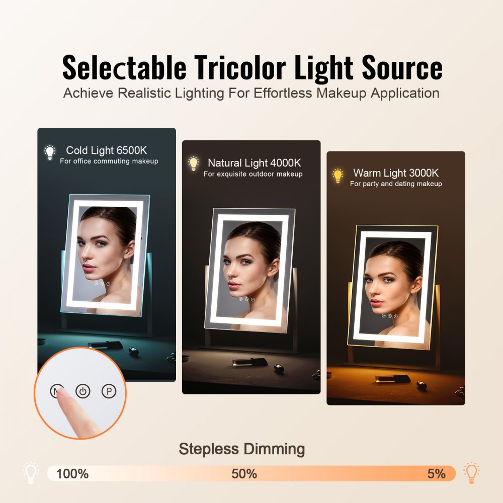 VEVOR Vanity Mirror with Lights, Three Color Lighting Modes, Lighted Makeup LED Mirror, and 5X Magnification Mirror, Smart Touch Control, 360°Rotation (16.1x11.8 in, White)