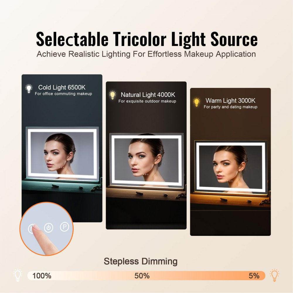 VEVOR  Large Vanity Mirror with Lights, Three Color Lighting Modes, Lighted Makeup LED Mirror,5X Magnification,USB Port,Smart Touch Control,Desktop Wall-Mounted (31.5x21.7 in, White)