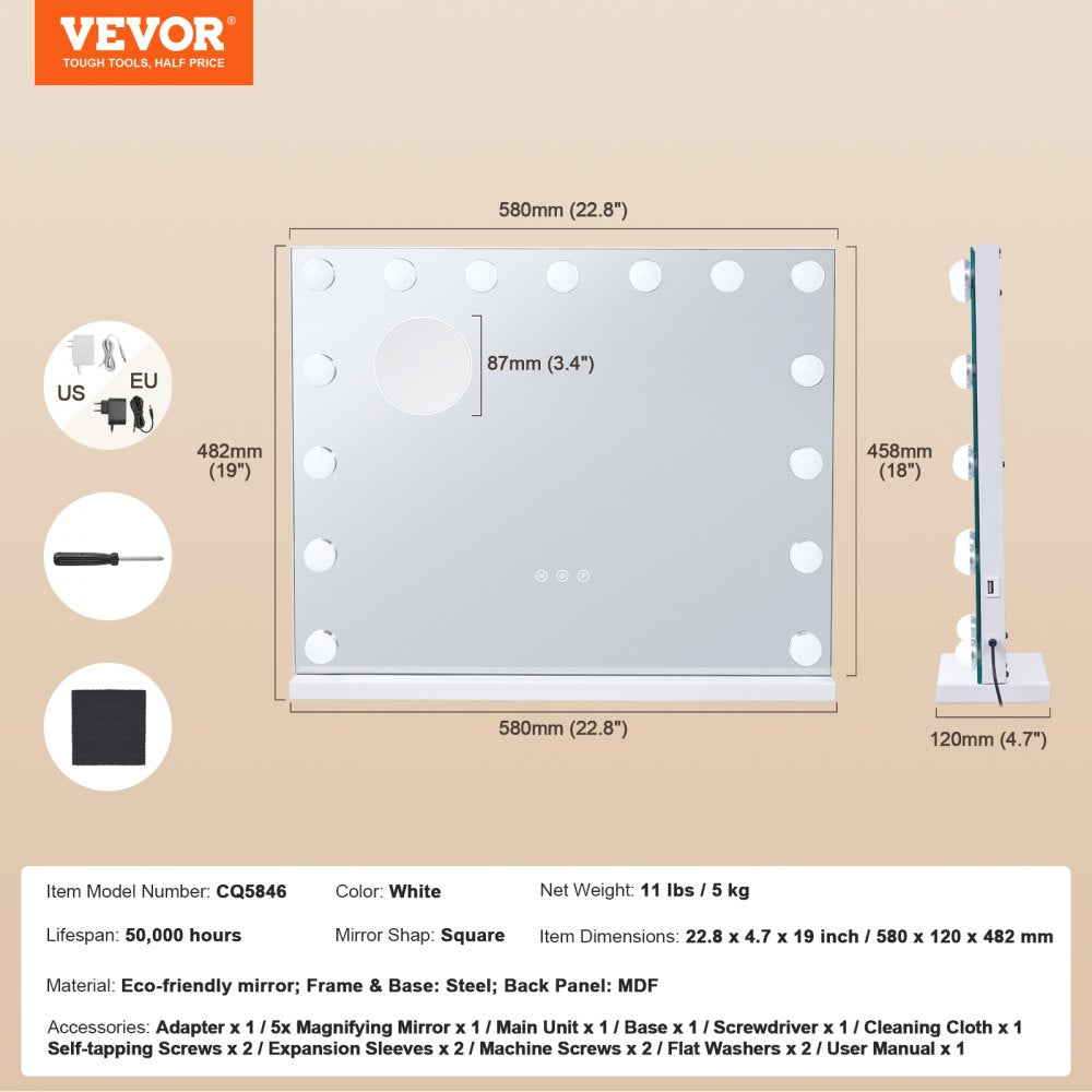 VEVOR Hollywood Vanity Mirror With Lights,15 Dimmable Bulbs &3 Color Lighting Modes, Makeup Mirror w/ Detachable 5X Magnification,USB Port,Smart Touch Control,Desktop Wall-mount(22.8x18.1 in, White)