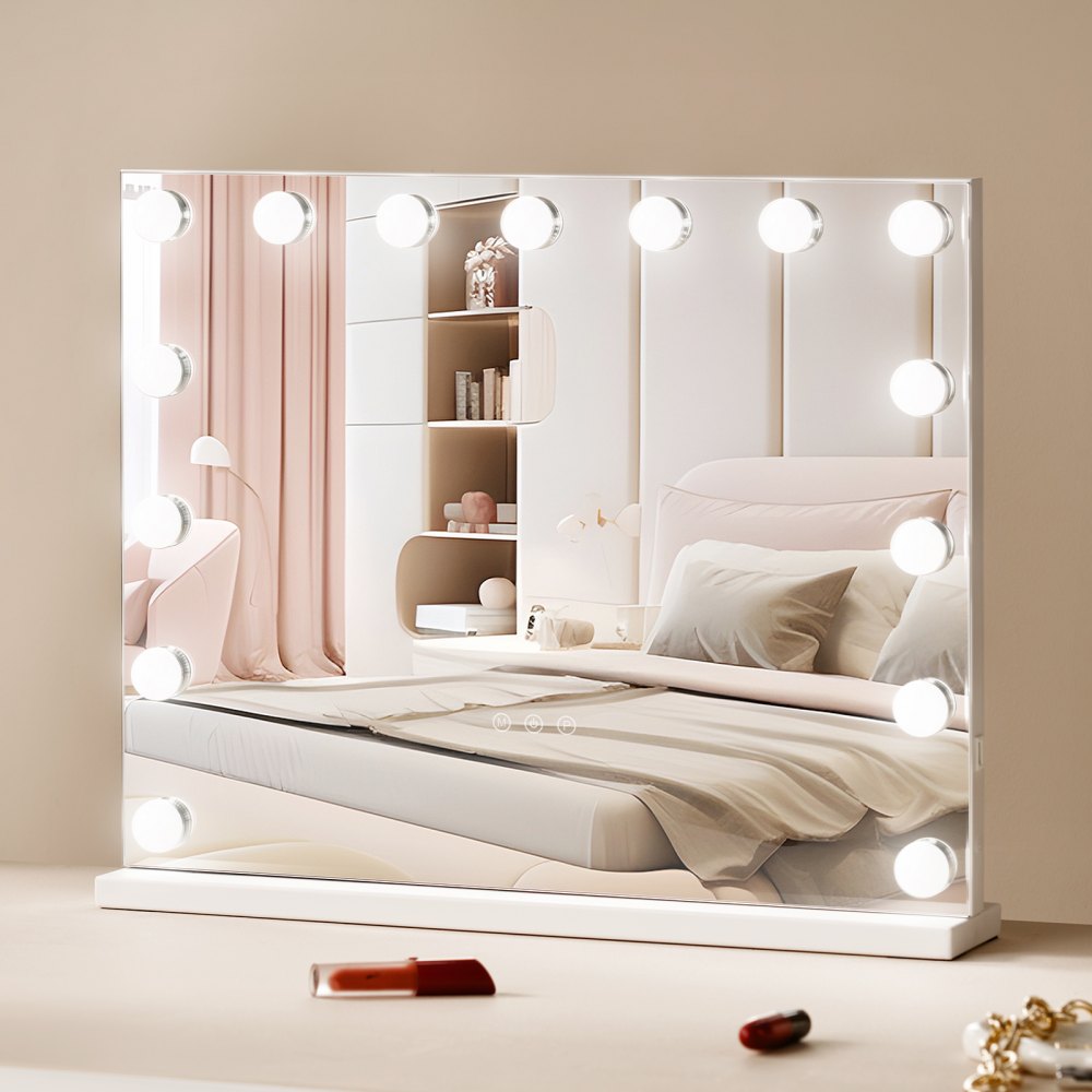 VEVOR Hollywood Vanity Mirror With Lights,15 Dimmable Bulbs &3 Color Lighting Modes, Makeup Mirror w/ Detachable 5X Magnification,USB Port,Smart Touch Control,Desktop Wall-mount(22.8x18.1 in, White)