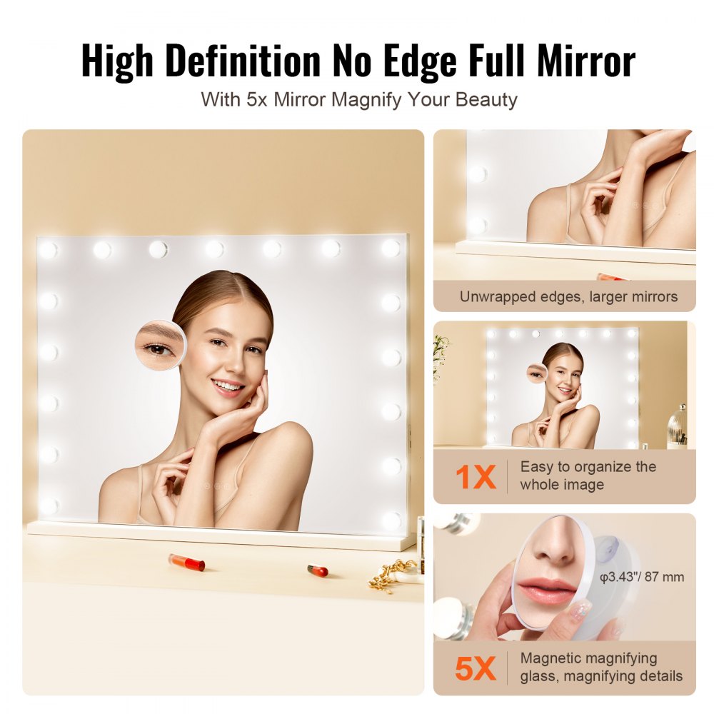VEVOR Hollywood Vanity Mirror With Lights, Dimmable Bulbs &3 Color Lighting Modes, Makeup Mirror w/ Detachable 5X Magnification,USB Port,Type C,Smart Touch Control,Desktop Wall-mount( 31.5x23.6in, White)