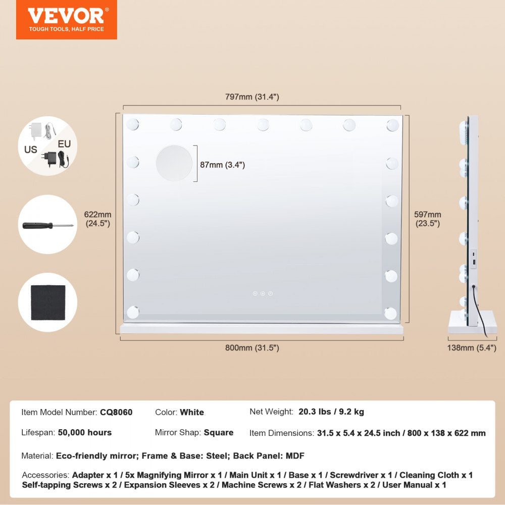 VEVOR Hollywood Vanity Mirror With Lights, Dimmable Bulbs &3 Color Lighting Modes, Makeup Mirror w/ Detachable 5X Magnification,USB Port,Type C,Smart Touch Control,Desktop Wall-mount( 31.5x23.6in, White)